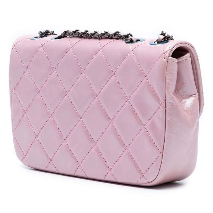 Chanel Mini Quilted Metallic Calfskin Coco Pleats Chain Flap Pink Leather Good condition - Back View