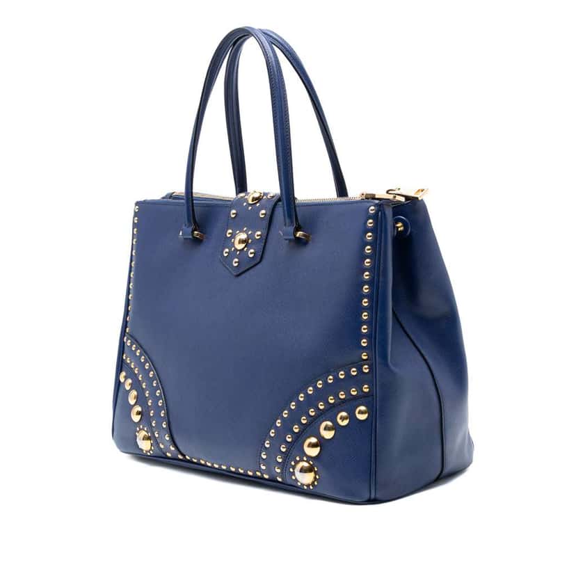 Prada Saffiano Turnlock Double Zip Studded Tote Blue Leather Good condition - Back View