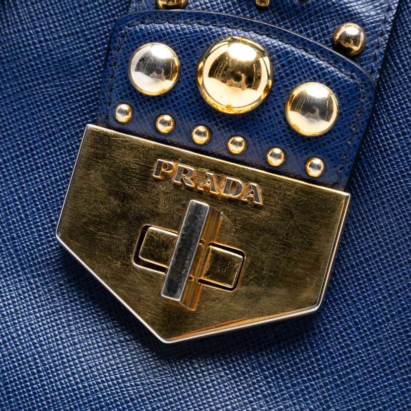 Prada Saffiano Turnlock Double Zip Studded Tote Blue Leather Good condition - Box View