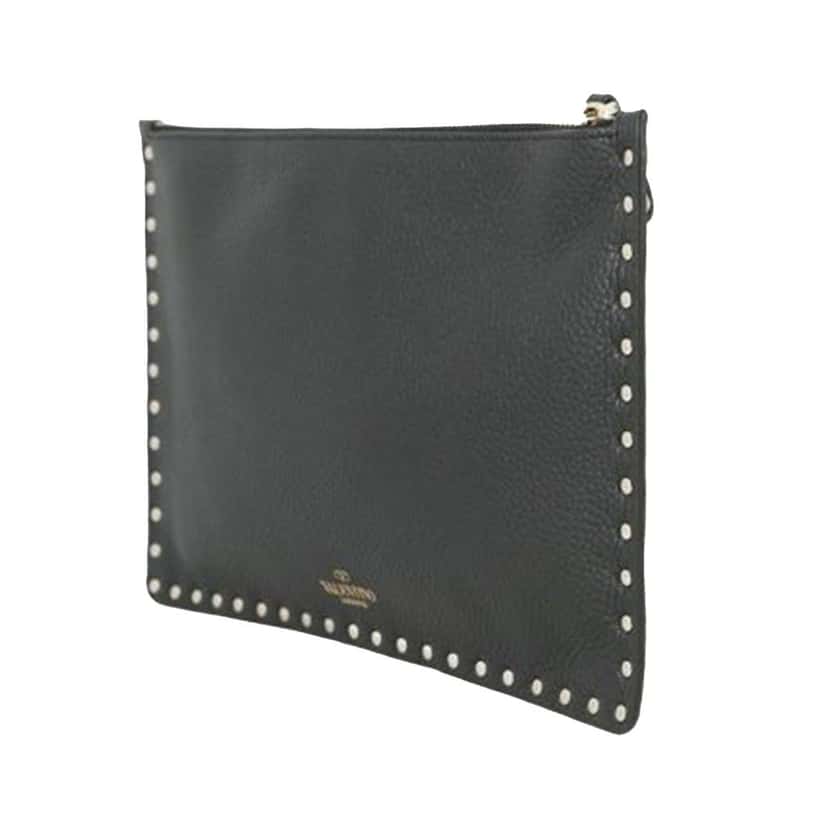 Valentino Grained Calfskin Rockstud Clutch Black Leather Good condition - Back View
