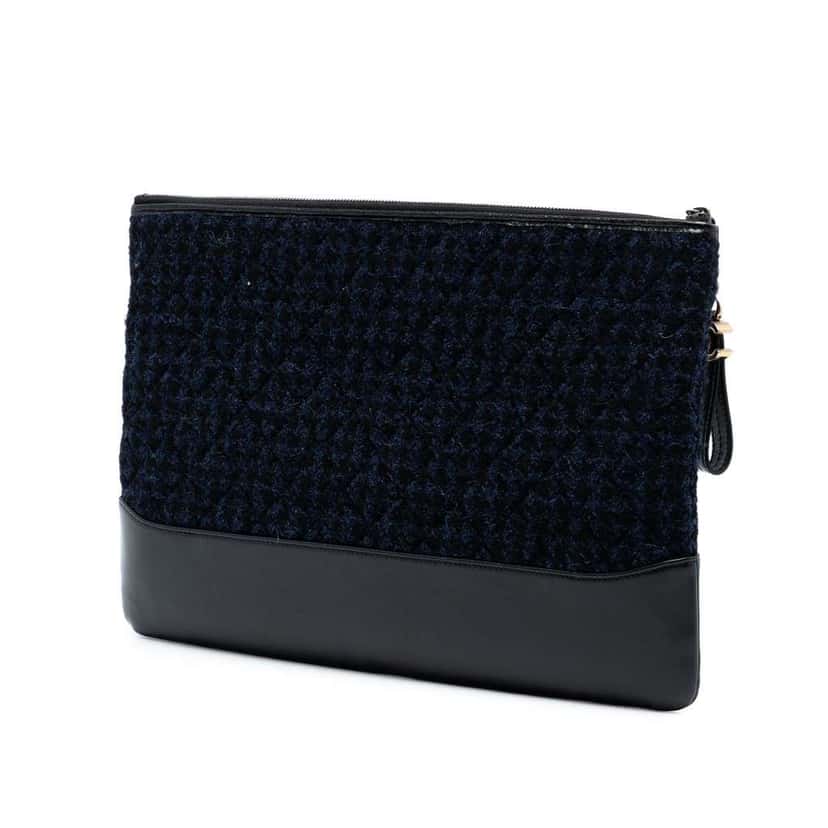 Chanel Large Tweed and Calfskin Embroidered Gabrielle O Case Clutch Blue Tweed Good condition - Back View