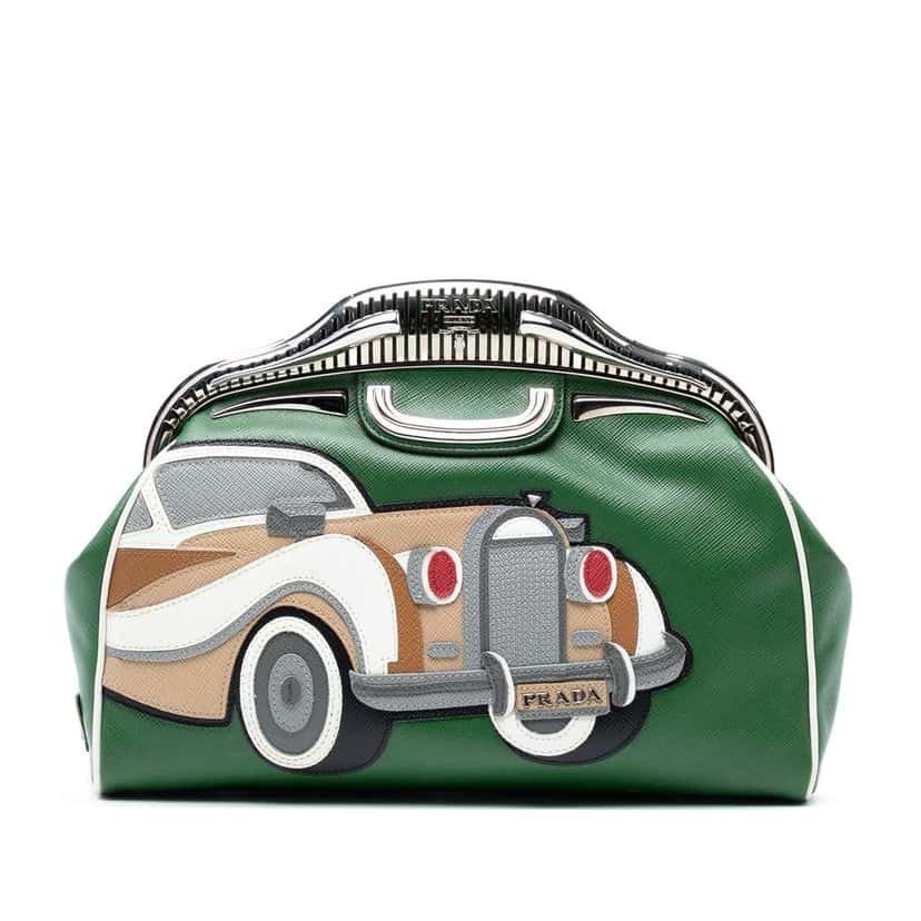 Prada Saffiano 50s Cars Clutch Green Leather Good condition - Front View