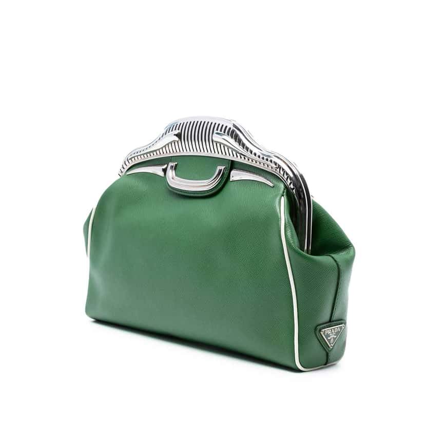 Prada Saffiano 50s Cars Clutch Green Leather Good condition - Back View