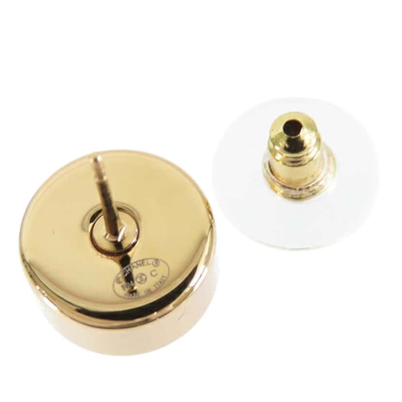 Chanel Gold Plated Enamel Logo Button Bullet Back Earrings Black Good condition - Box View