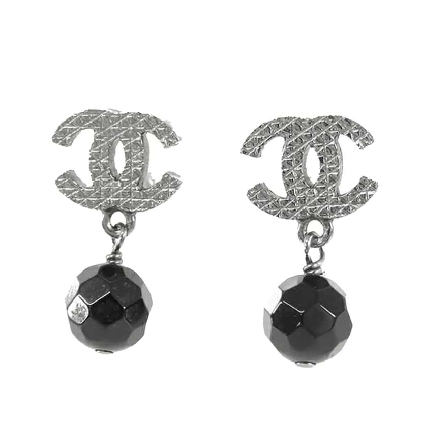 Chanel CC Silver Plated Bead Drop Push Back Earrings Silver Metal Good condition - Front View