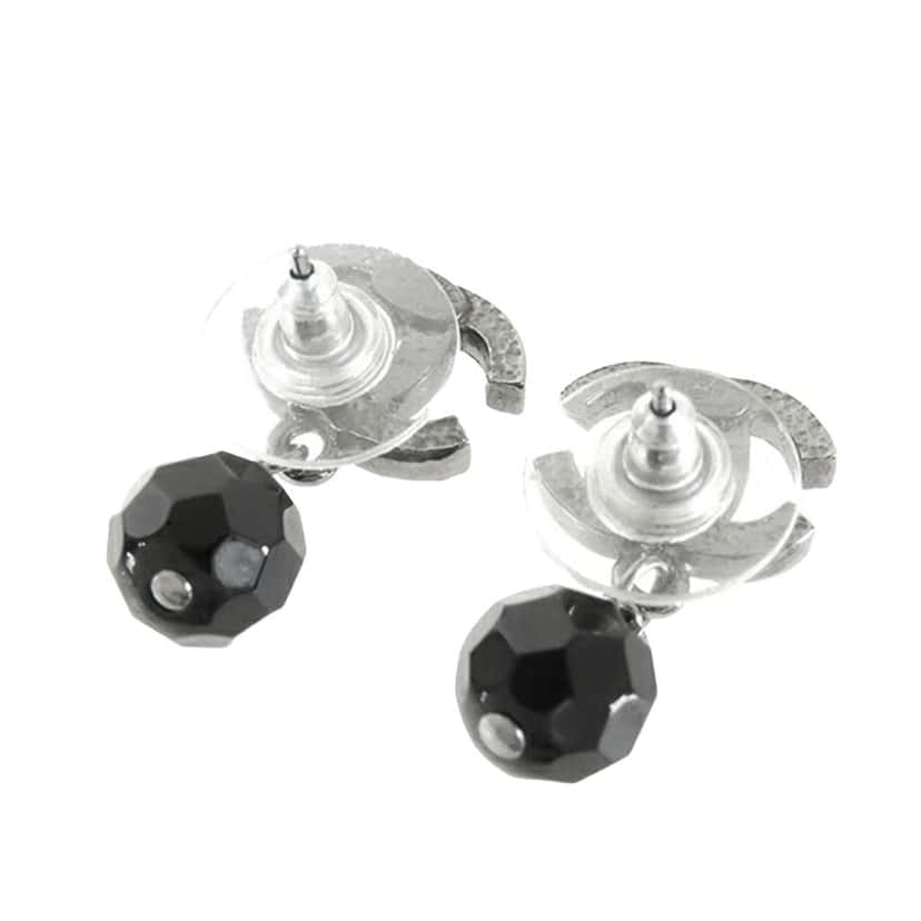 Chanel CC Silver Plated Bead Drop Push Back Earrings Silver Metal Good condition - Back View