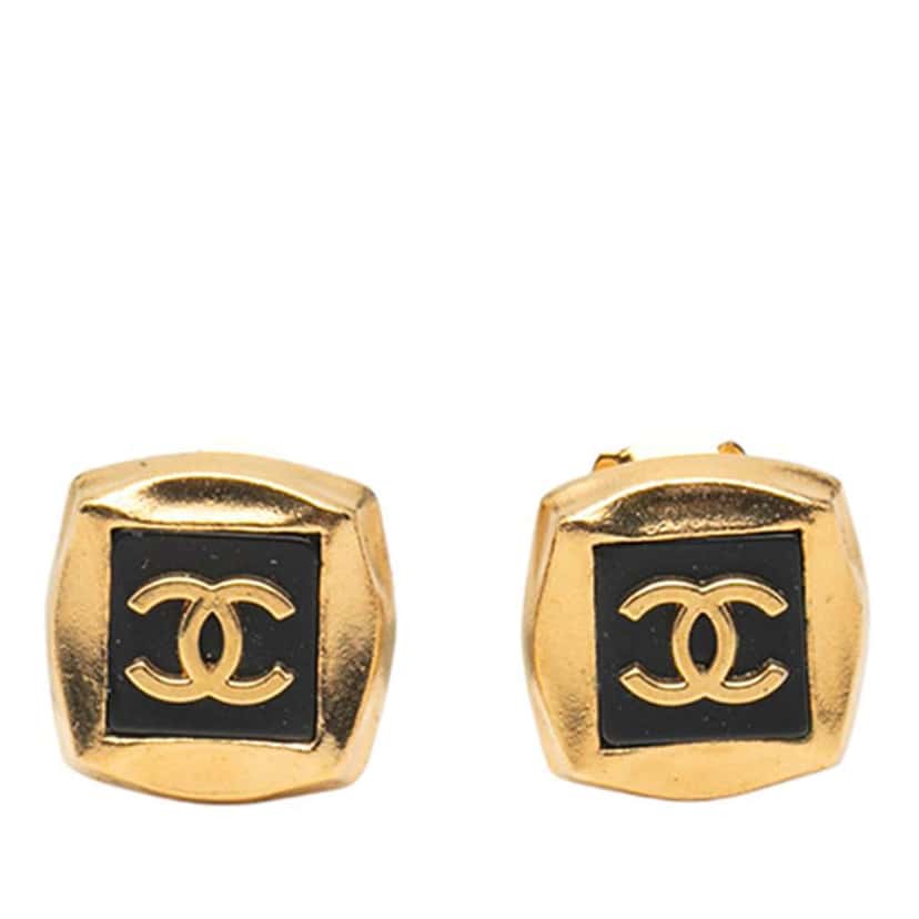 Chanel Gold Plated CC Enamel Square Clip On Earrings Gold Metal Good condition - Front View