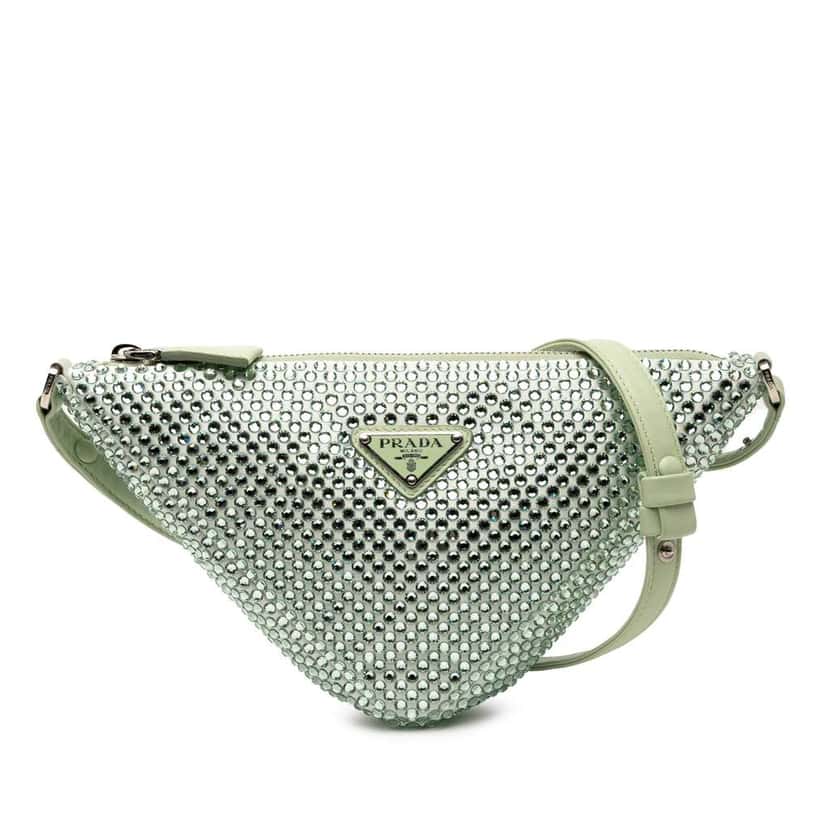 Prada Satin Crystal Embellished Triangle Pouch Green Satin Very good condition - Front View
