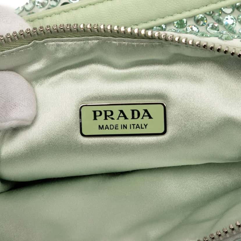 Prada Satin Crystal Embellished Triangle Pouch Green Satin Very good condition - Box View