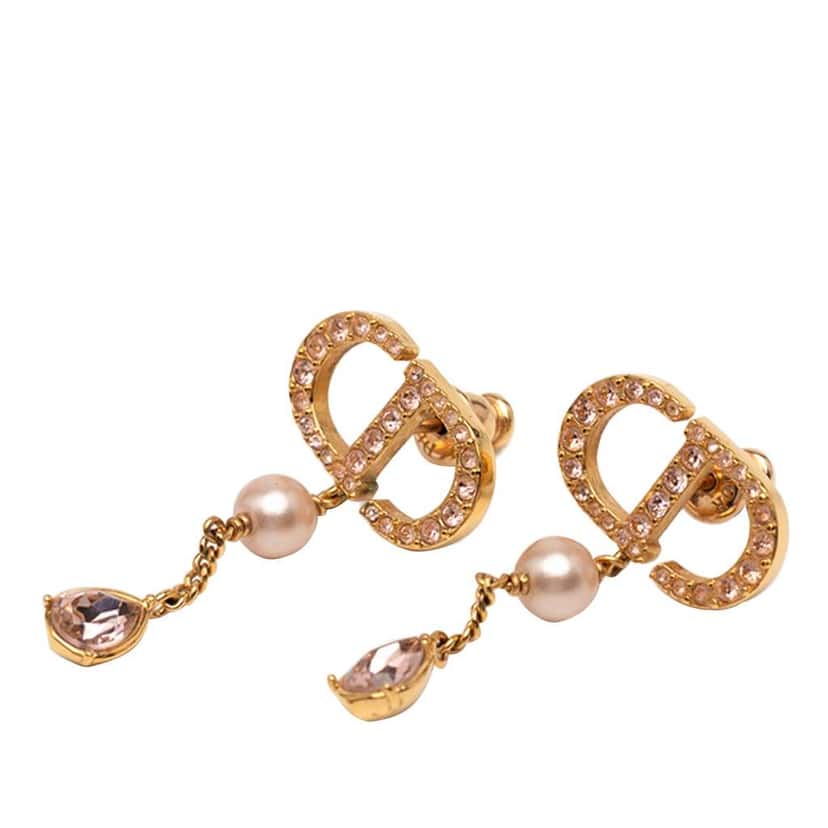 Dior Gold Plated Faux Pearl and Rhinestones Drop Push Back Earrings Gold Metal Good condition - Front View