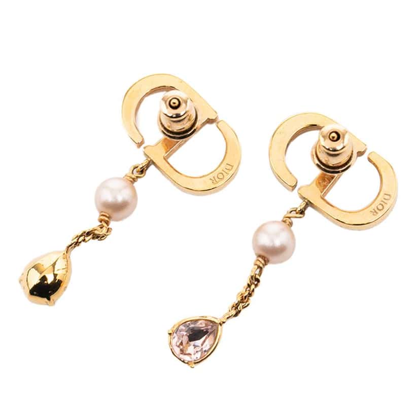 Dior Gold Plated Faux Pearl and Rhinestones Drop Push Back Earrings Gold Metal Good condition - Back View