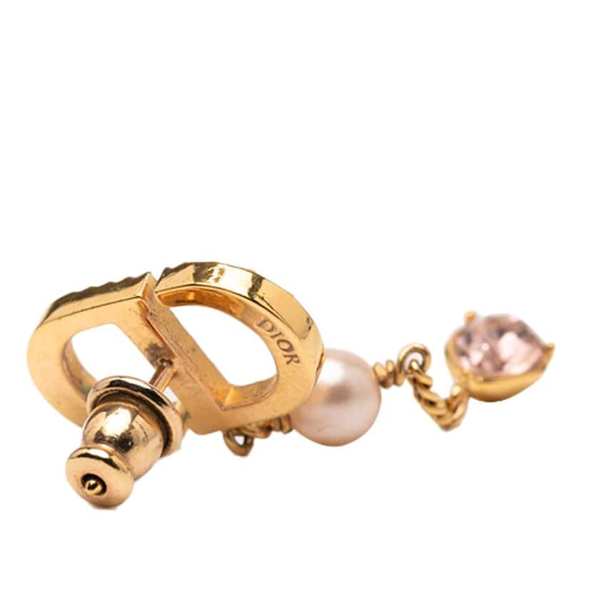 Dior Gold Plated Faux Pearl and Rhinestones Drop Push Back Earrings Gold Metal Good condition - Inside View