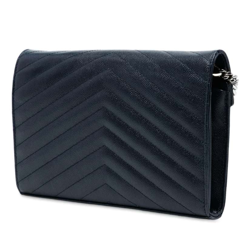 Saint Laurent Grain De Poudre Matelasse Chevron Monogram Chain Wallet Blue Leather Good condition - Back View