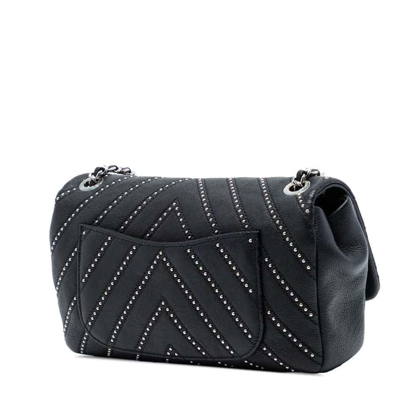 Chanel Small Chevron Calfskin Stud Wars Flap Black Leather Good condition - Back View