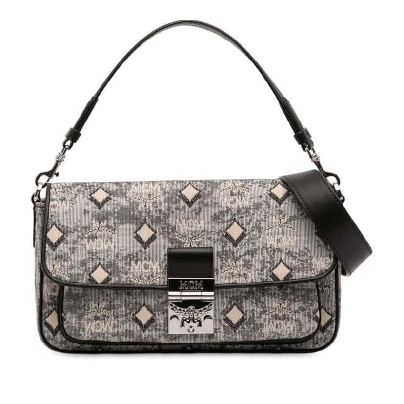 Mcm Vintage Jacquard Monogram Satchel Grey Canvas Good condition - Front View
