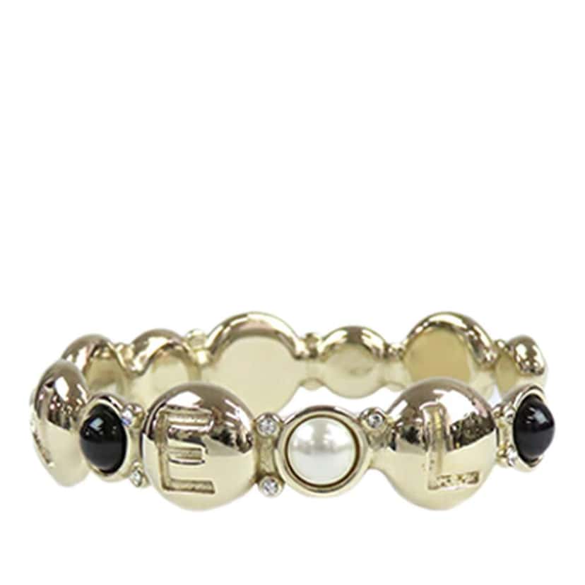 Chanel Gold Plated Faux Pearl and Resin CC Cuff Bangle Bracelet Gold Metal Good condition - Back View