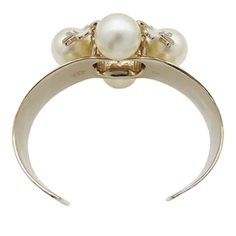 Chanel CC Gold Plated Faux Pearl Clover Cuff Bracelet Gold Metal Good condition - Model View