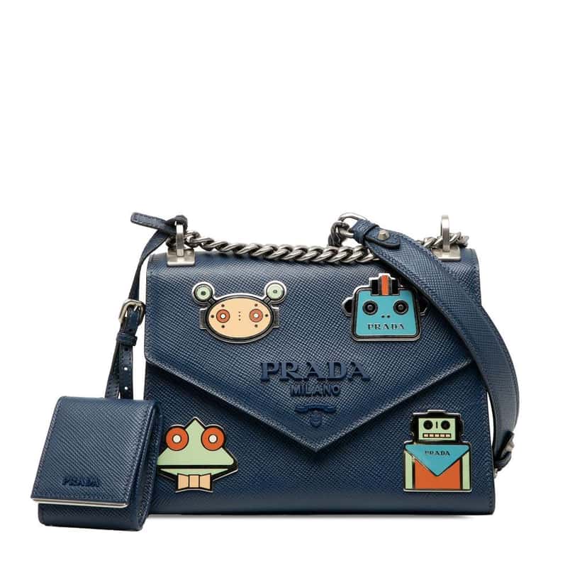 Prada Saffiano Cuir Monochrome Robot Patches Envelope Chain Flap Blue Leather Good condition - Front View