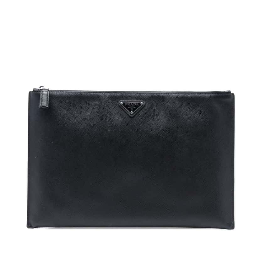 Prada Saffiano Clutch Black Leather Good condition - Front View