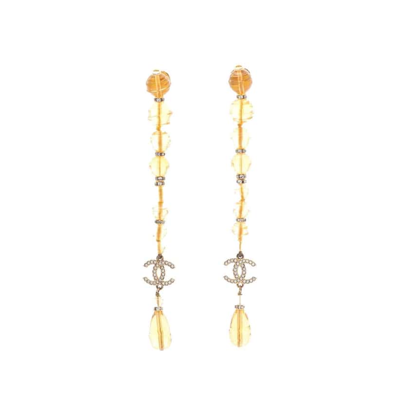 Chanel CC Gold Plated Crystal Beads Long Drop Push Back Earrings Gold Metal Good condition - Front View