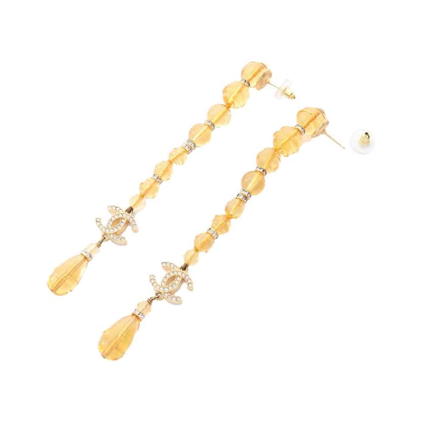 Chanel CC Gold Plated Crystal Beads Long Drop Push Back Earrings Gold Metal Good condition - Back View
