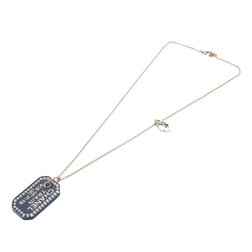 Chanel Gold Plated Resin Train Tag Pendant Necklace Gold Metal Good condition - Front View