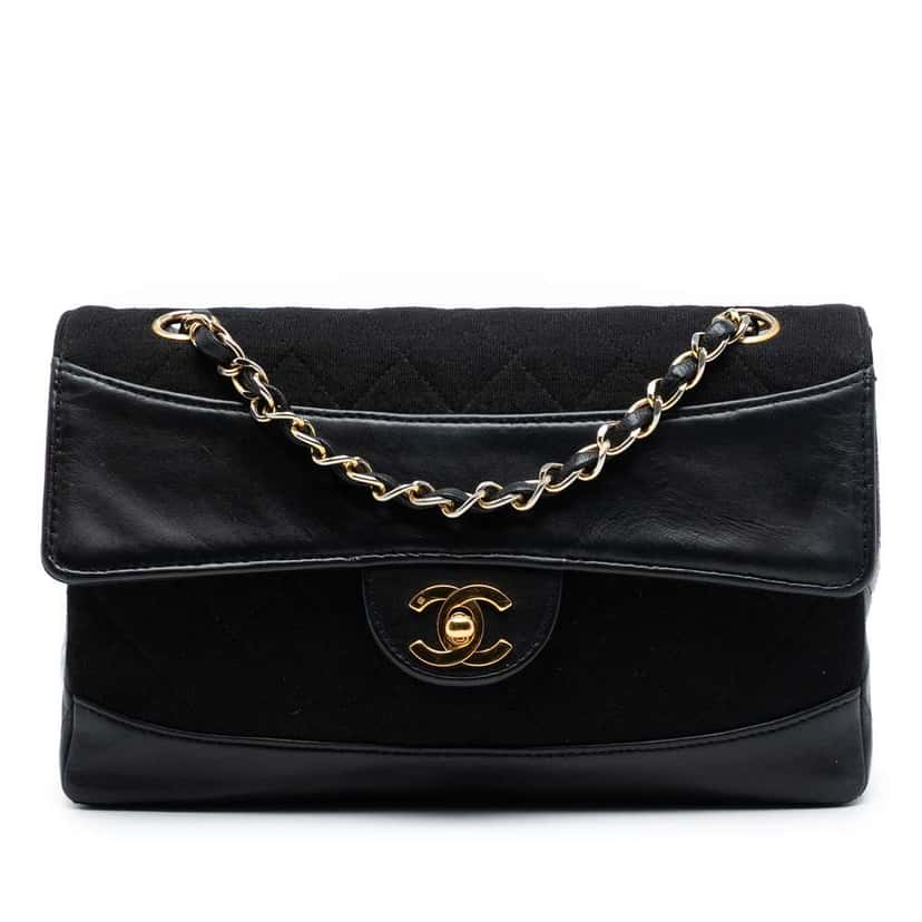 Chanel CC Quilted Jersey and Lambskin Flap Black Cotton Very good condition - Front View