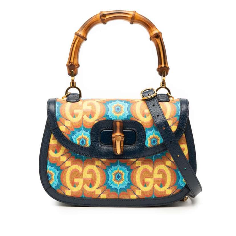 Gucci 100th Anniversary Medium GG Coated Canvas Kaleidoscope 1947 Bamboo Top Handle Bag Blue Canvas Very good condition - Front View