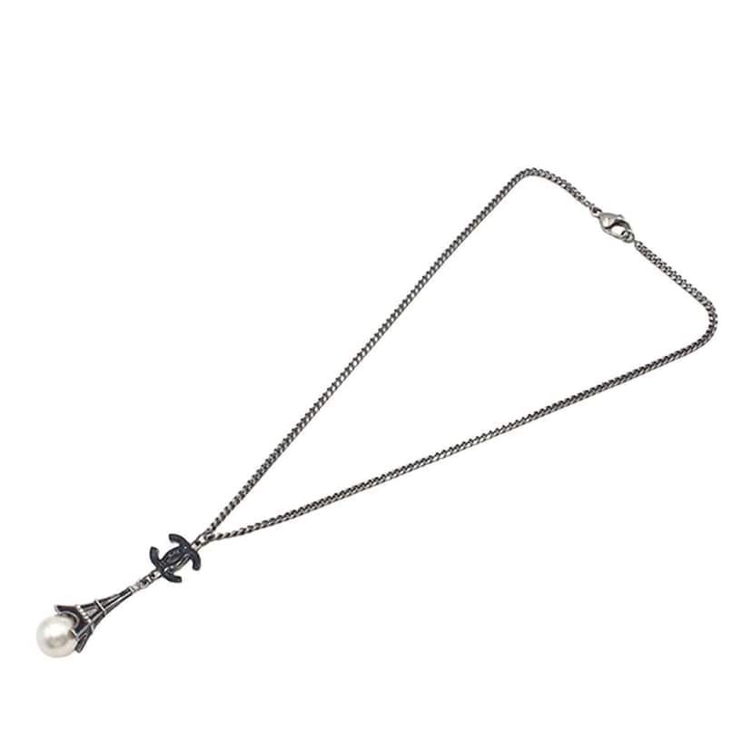 Chanel Silver Plated Faux Pearl Enamel CC Eiffel Tower Charm Necklace Silver Silver Good condition - Front View