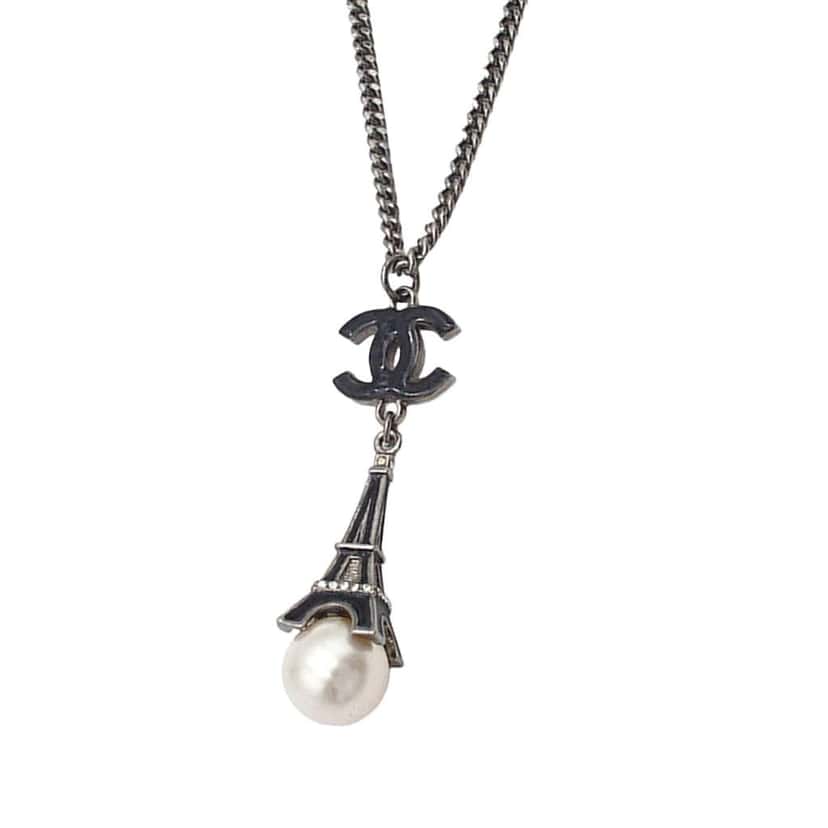 Chanel Silver Plated Faux Pearl Enamel CC Eiffel Tower Charm Necklace Silver Silver Good condition - Back View