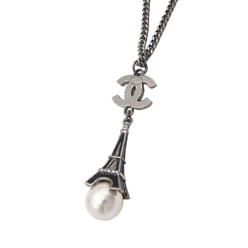 Chanel Silver Plated Faux Pearl Enamel CC Eiffel Tower Charm Necklace Silver Silver Good condition - Inside View