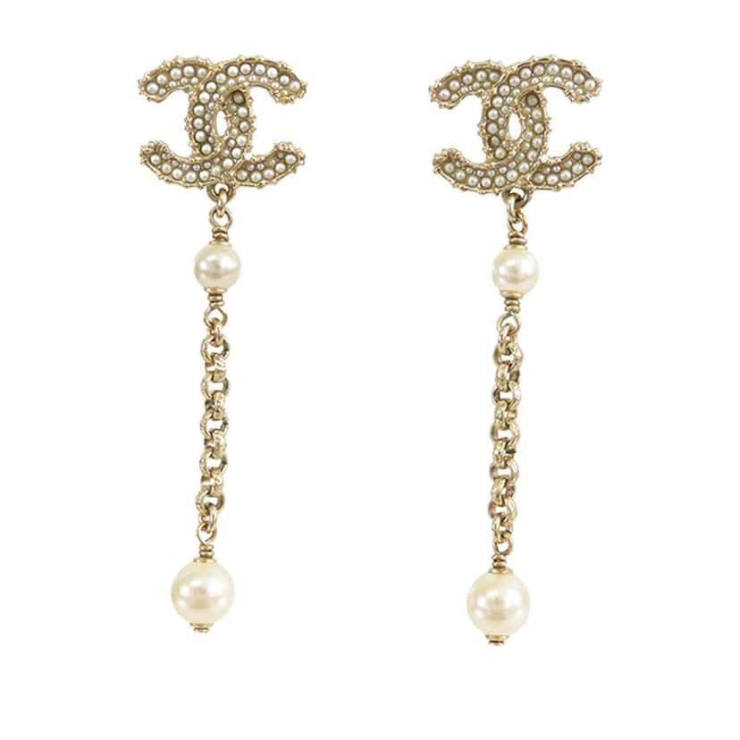 Chanel Gold Plated Faux Pearl CC Dangle Bullet Back Earrings Gold Metal Good condition - Front View