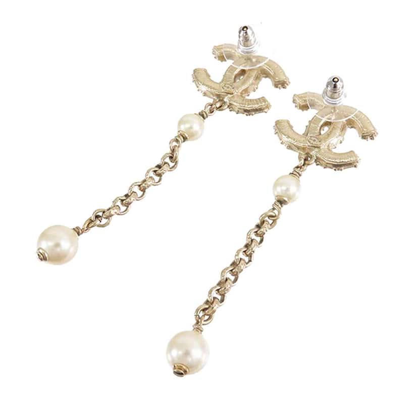 Chanel Gold Plated Faux Pearl CC Dangle Bullet Back Earrings Gold Metal Good condition - Back View
