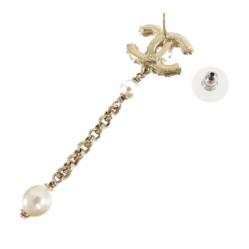 Chanel Gold Plated Faux Pearl CC Dangle Bullet Back Earrings Gold Metal Good condition - Inside View