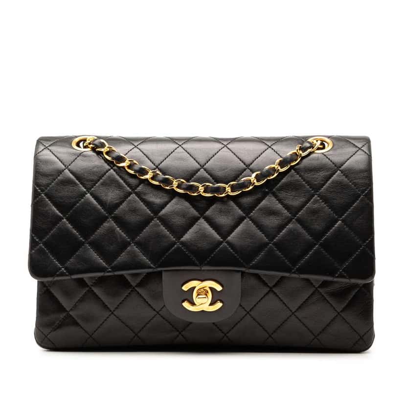 Chanel Medium Classic Lambskin Double Flap Black Leather Good condition - Front View