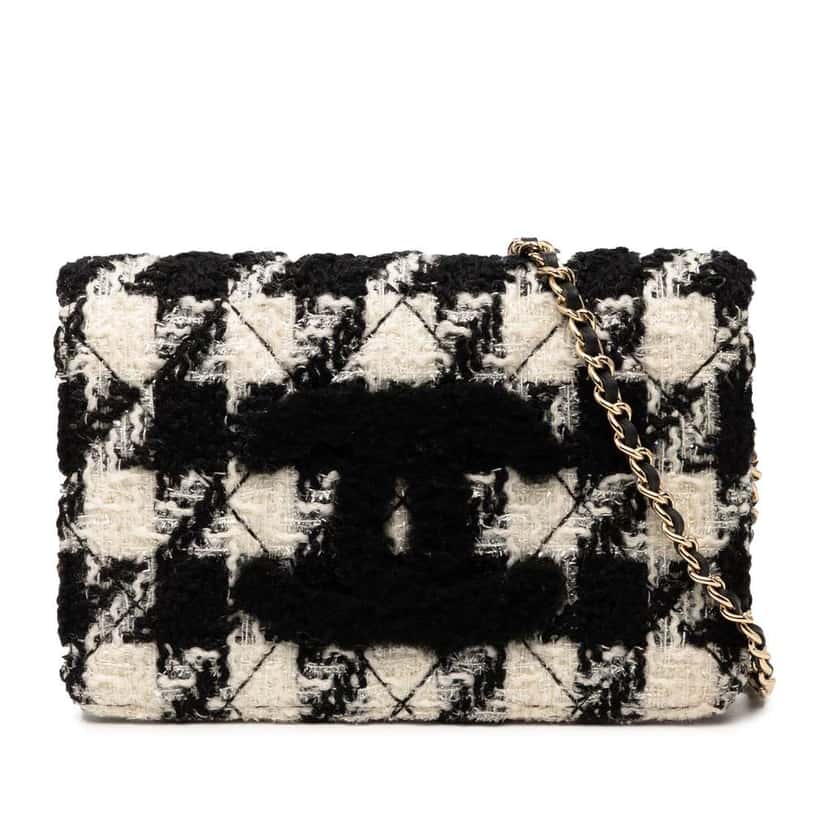 Chanel CC Houndstooth Tweed Wallet On Chain Black Tweed Good condition - Front View