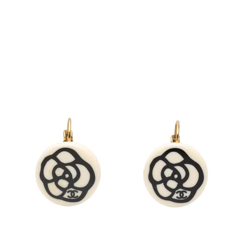 Chanel Resin Camellia Clip-On Drop Earrings White Good condition - Front View