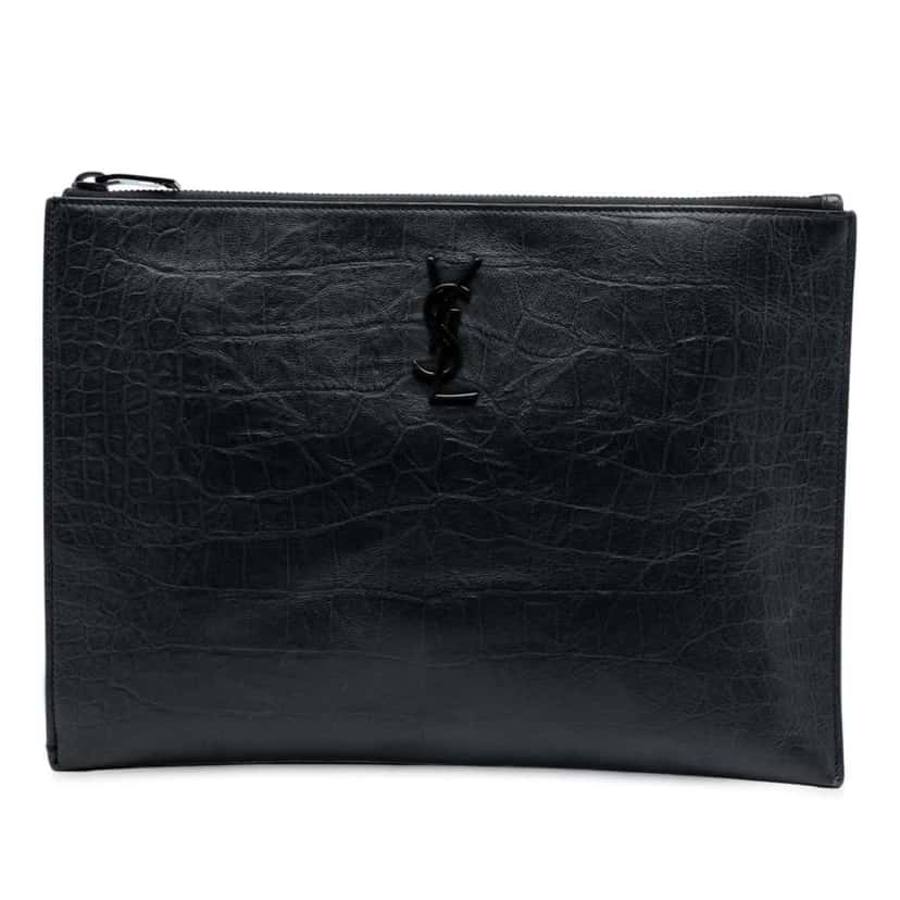 Saint Laurent Croc Embossed Leather Monogram iPad Case Black Leather Good condition - Front View