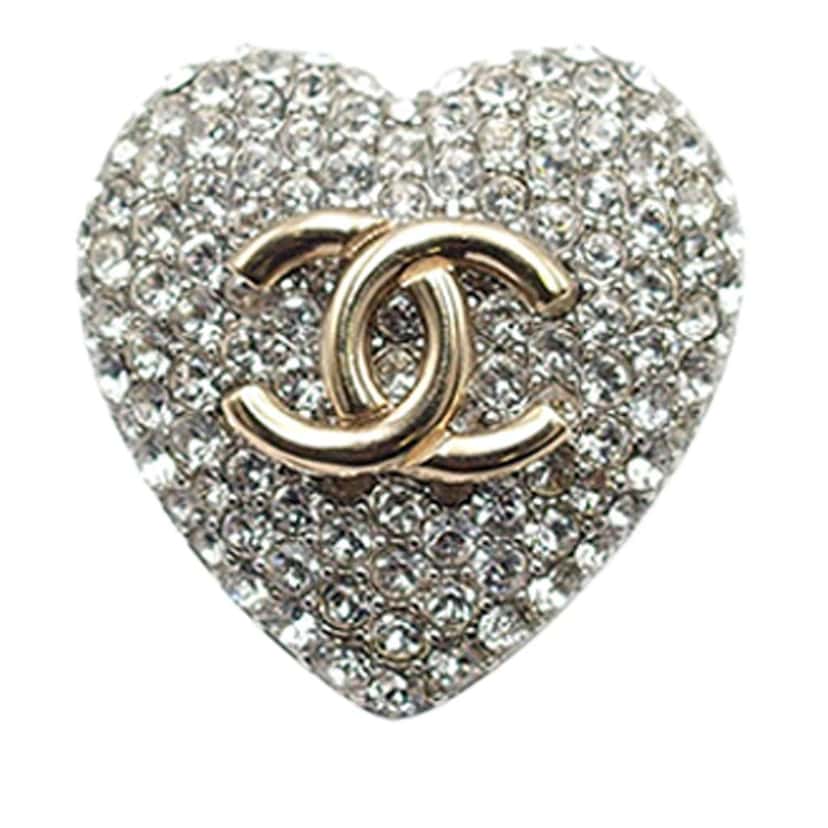 Chanel Silver Plated Crystal CC Heart Ring Silver Metal Good condition - Front View