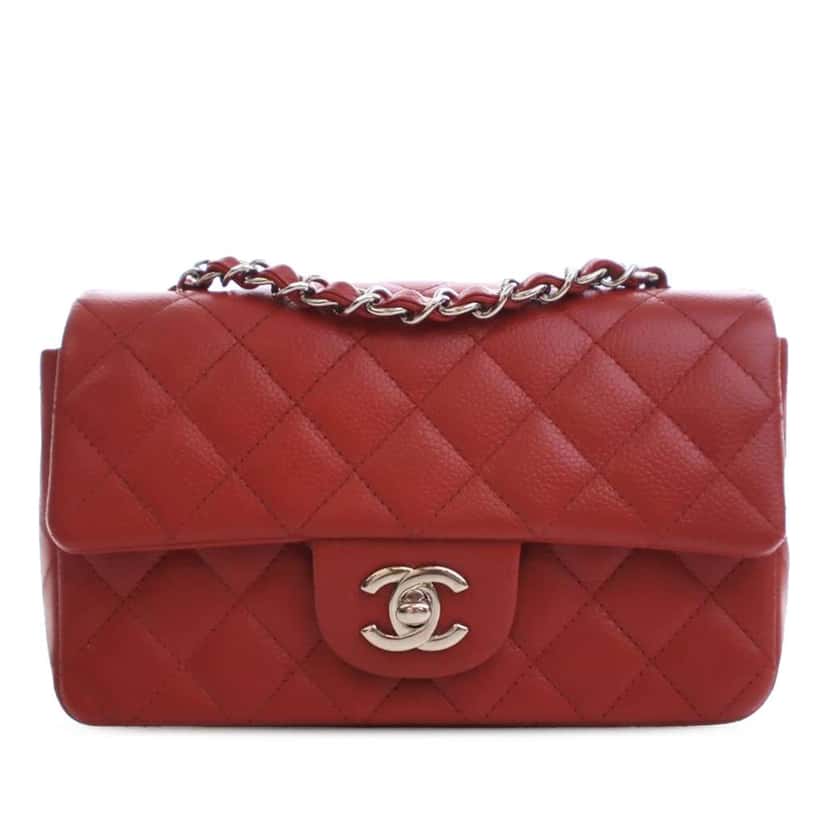 Chanel Mini Rectangular Classic Caviar Single Flap Red Leather Good condition - Front View