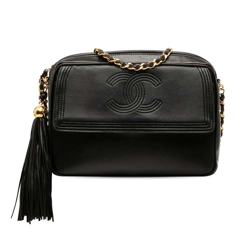 Chanel CC Stitched Lambskin Tassel Flap Crossbody Black Leather Good condition - Front View