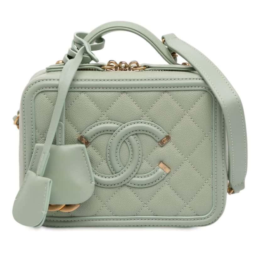 Chanel Small Caviar CC Filigree Vanity Case Green Leather Good condition - Front View