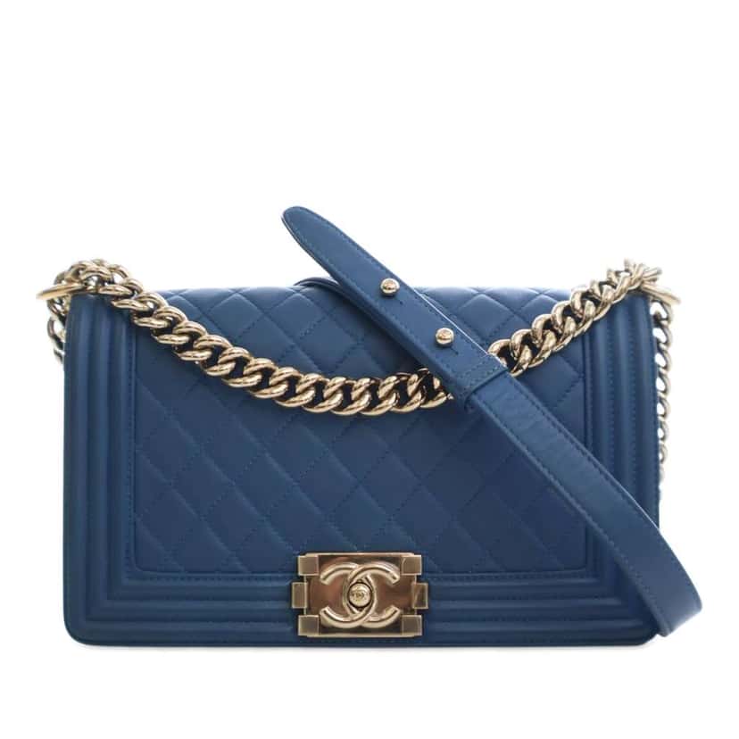 Chanel Old Medium Quilted Lambskin Boy Flap Blue Leather Good condition - Front View