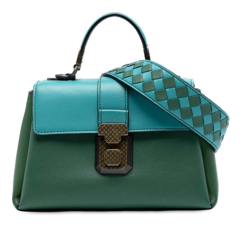 Bottega Veneta Mini Bicolor Nappa Piazza Top Handle Satchel Green Leather Good condition - Front View