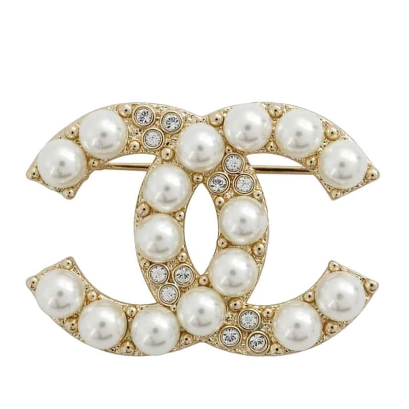 Chanel Gold Plated CC Faux Pearl Rhinestone Brooch Gold Metal Good condition - Front View