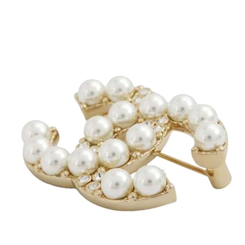 Chanel Gold Plated CC Faux Pearl Rhinestone Brooch Gold Metal Good condition - Inside View