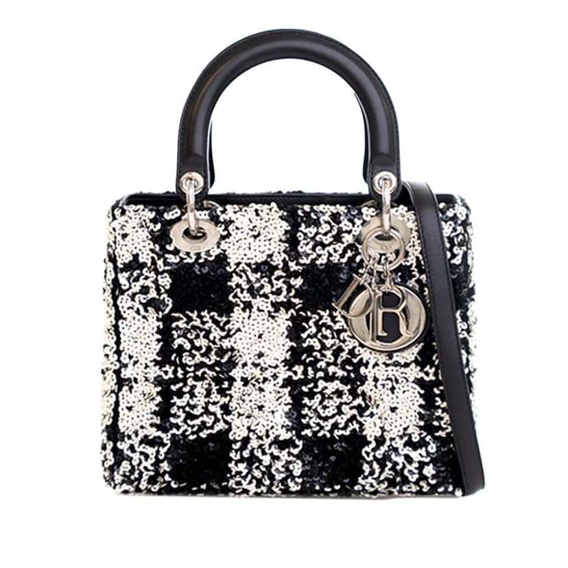 Dior Medium Lambskin Sequin Embellished Lady Dior Black Leather Good condition - Front View