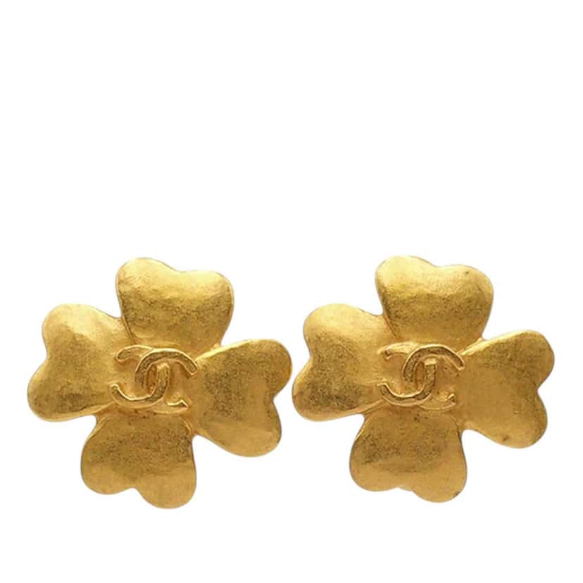 Chanel CC Gold Plated Clover Clip On Earrings Gold Metal Good condition - Front View