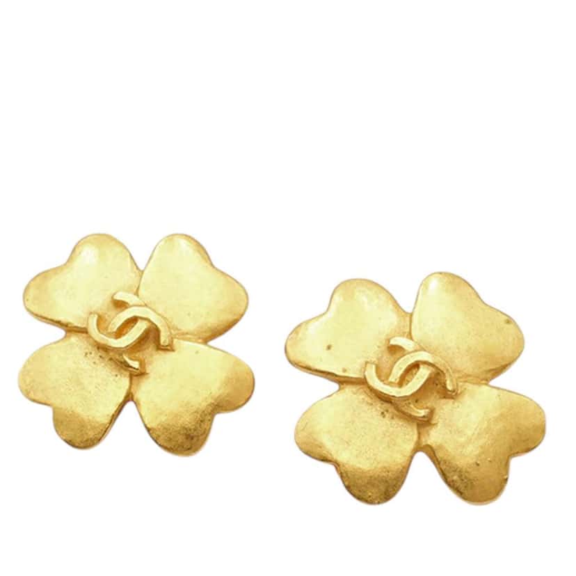 Chanel CC Gold Plated Clover Clip On Earrings Gold Metal Good condition - Back View
