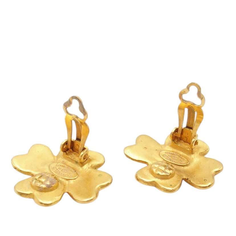 Chanel CC Gold Plated Clover Clip On Earrings Gold Metal Good condition - Inside View